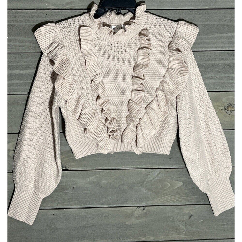 Mable Ruffled Sweater Beige High Neck Womens S Romantic Feminine